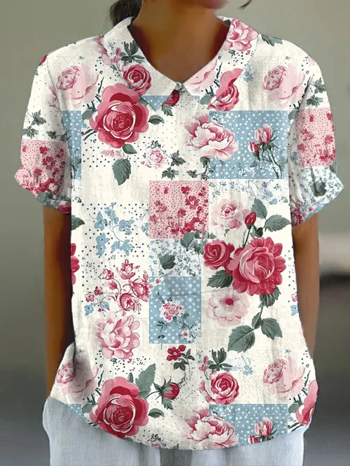 Vintage Floral Print Lapel Short-sleeved Top