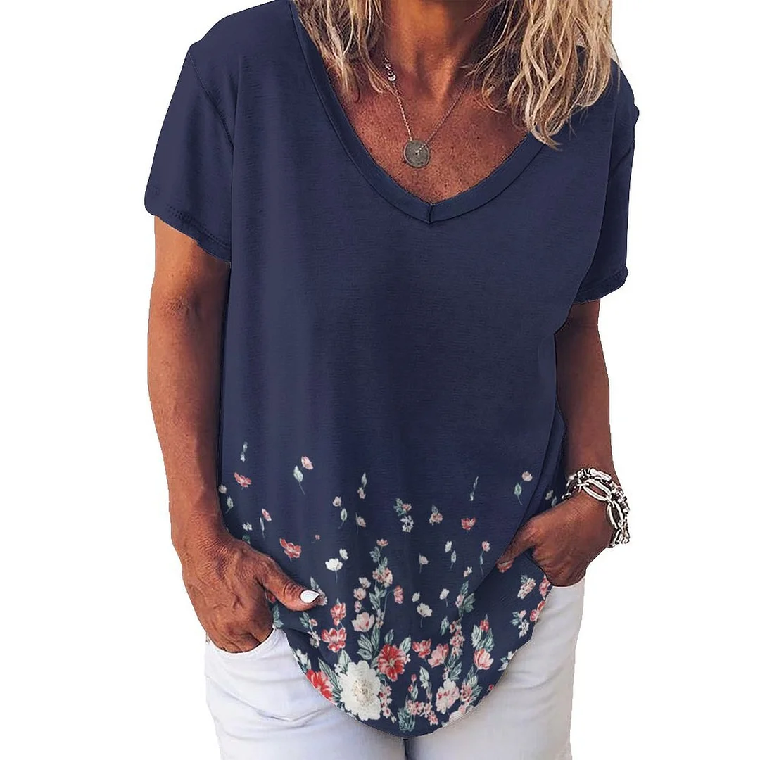V-neck Short Sleeve Casual T-shirt for  Women Printed with Pattern Floral, Blue, Red