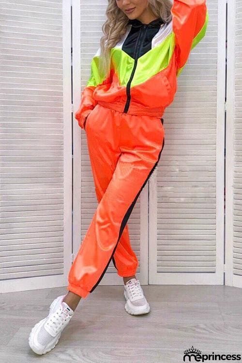 Color Block Zipper Hoodie Pants Set