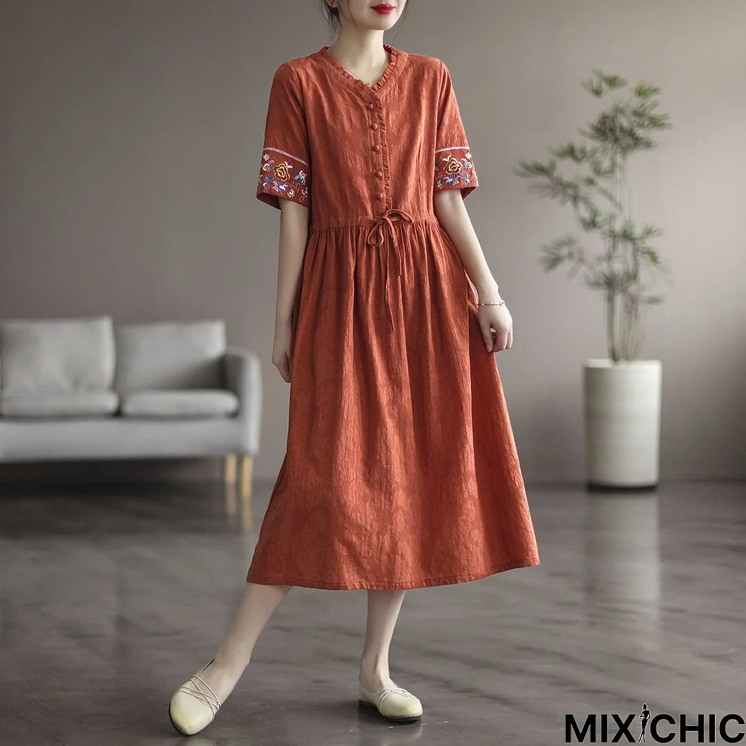 Cotton Embroidered Short Sleeve Dress Feminine Loose Knee-Length Dress