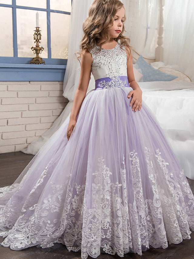Oknass Sleeveless Jewel Neck Flower Girl Dresses Lace Tulle With Belt Appliques