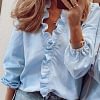 Gioiacombo&trade; Primavera ed estate nuova maglia a maniche lunghe arricciata con scollo a V