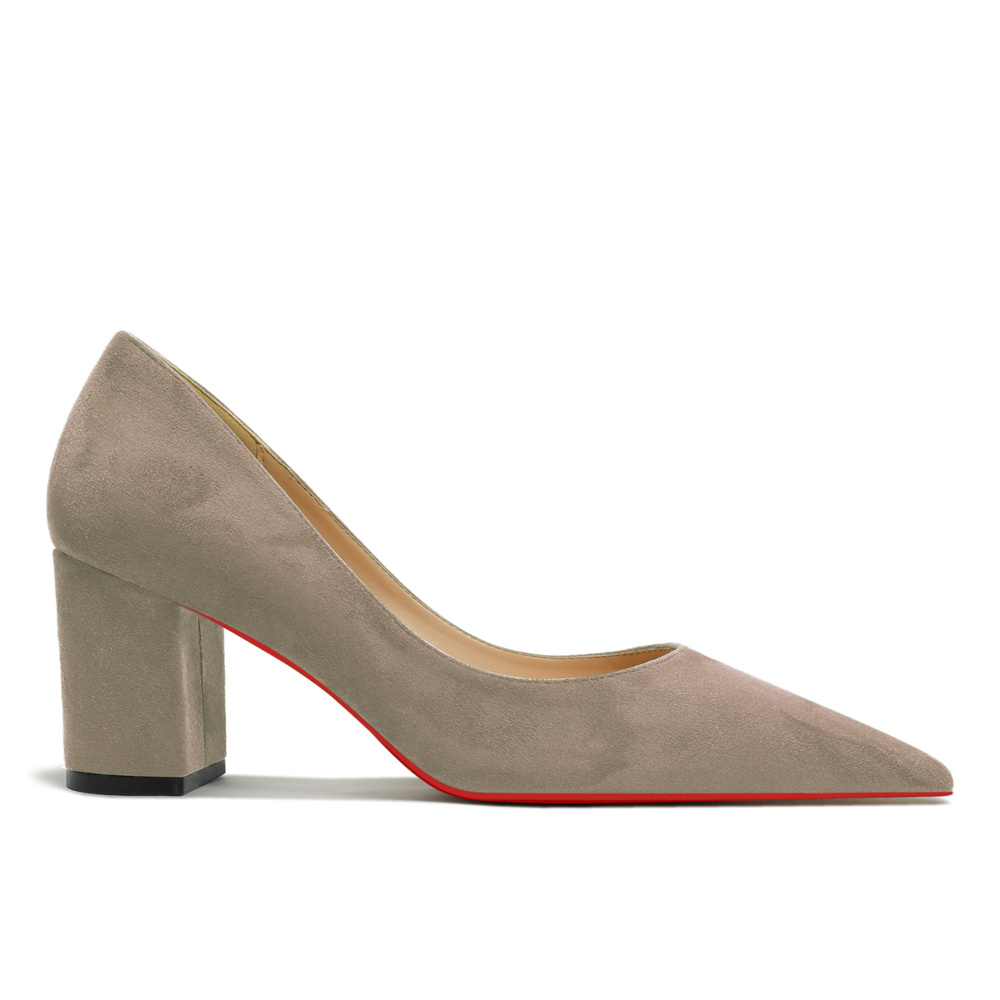 65mm Women Chunky Heels Red Bottom Shoes Comfortable Middle Block Heel Pumps Suede-MERUMOTE