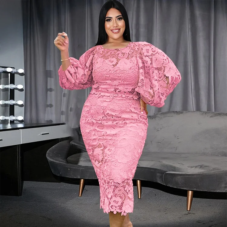 Plus Size Evening Dresses 4XL O Neck Lace Lantern Sleeve Hollow Out Patchwork White Pink Gowns for Ladies Event Cocktail Outfits QueenFunky