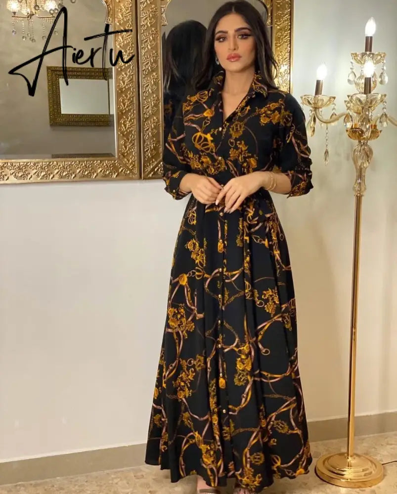 New Arrivals Dress For Women's Muslim French Elegant Long Sleeve Blouse Collar Dress Middle East Pearl Green Printed Skirt Aiertu
