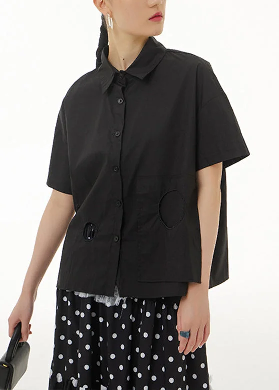 Black Patchwork Solid Cotton Shirt Short Sleeve