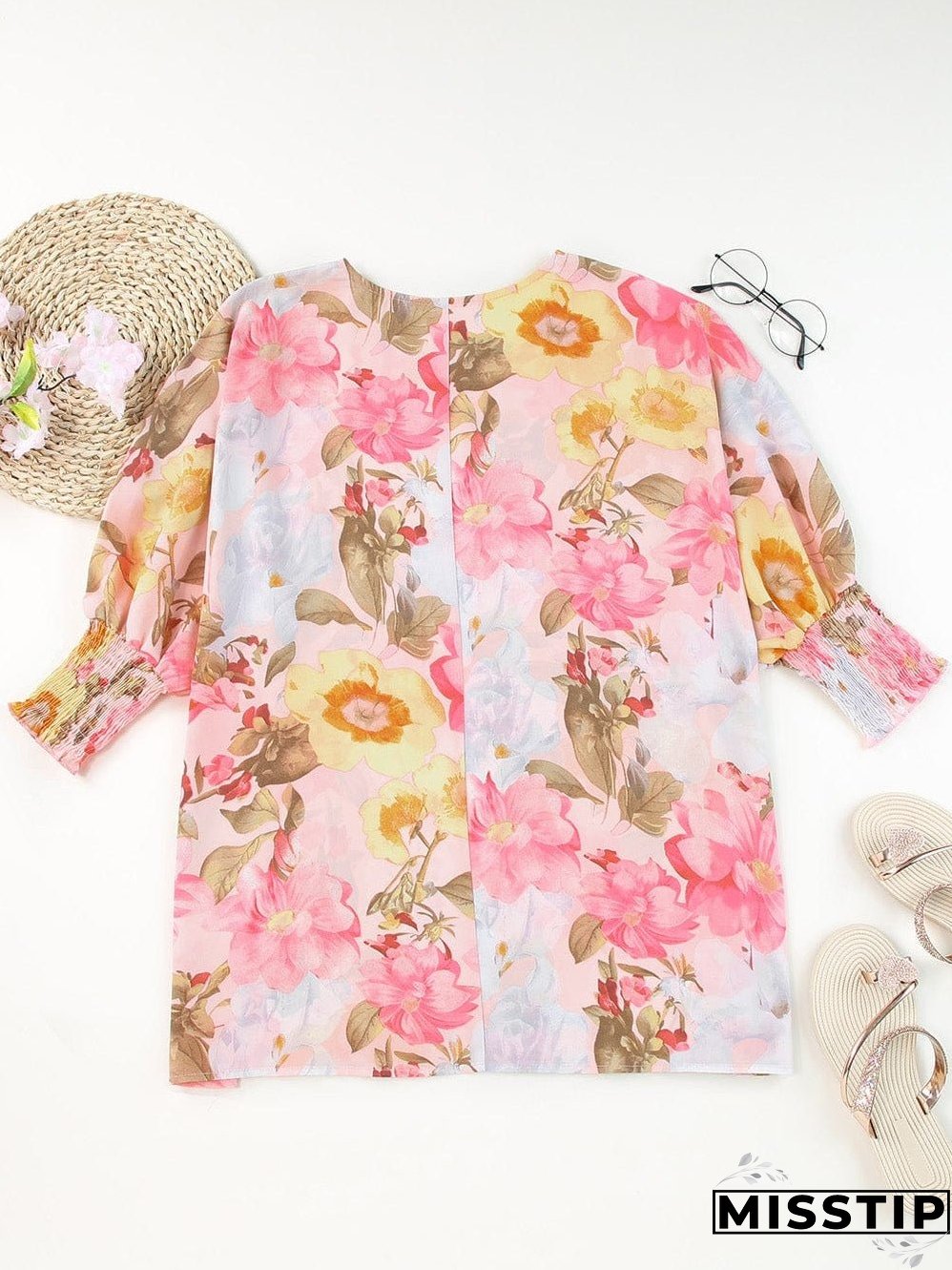 Pink Floral Loose Fit Blouse with Shirred Cuffs