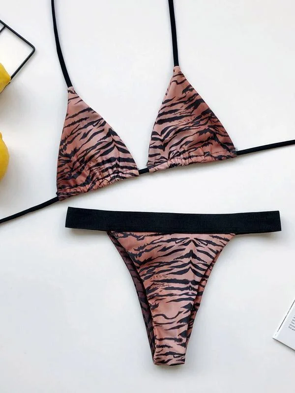 Tiger-Print Triangle Bandage Split Bikini Swimsuit