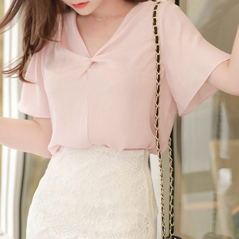 ZANZEA Women Chiffon Blouses Elegant V-neck Twisted Tops 2024 Summer Office Short Sleeve Tunic Korean Casual Loose Solid Blusas