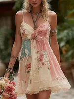 Women's Bohemian Rose Floral Pattern Casual Vacation Short Dress