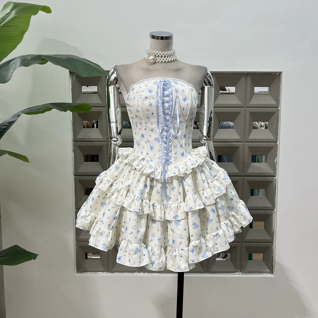 Brownm French Fashion Ribbon Crumbed Girl Series Cake Corset Dress With Same Color Pumpkin Shorts