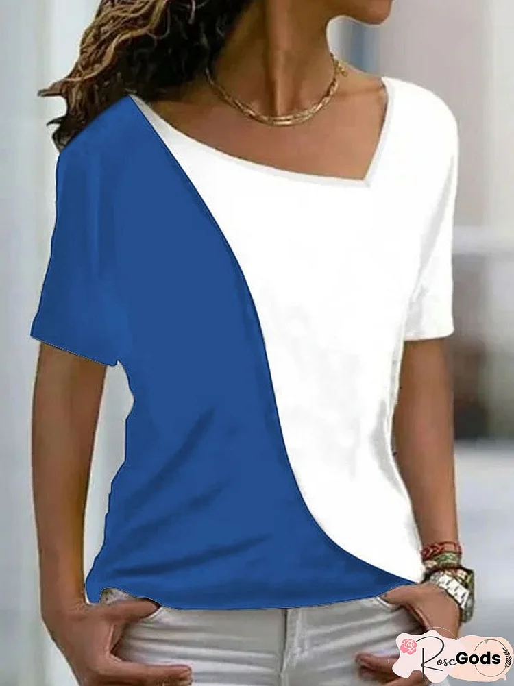 Women Asymmetrical Neck Color Block T Shirts Short Sleeve Tops