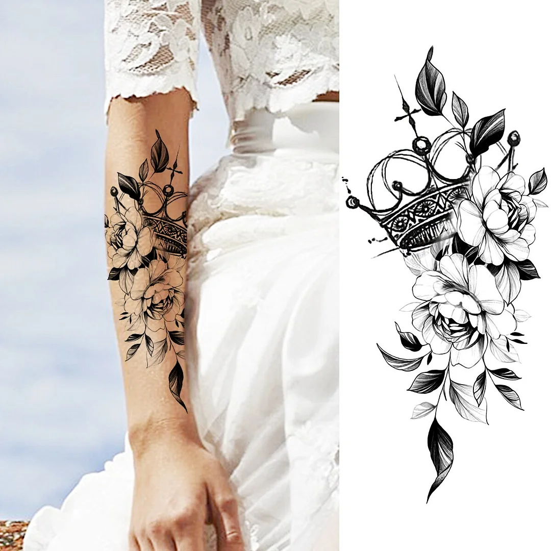 Sdrawing Peony Flower Moon Temporary Tattoos For Women Adult Rose Daisy Crown Fake Tattoo Fashion Washable Half Sleeve Tatoos