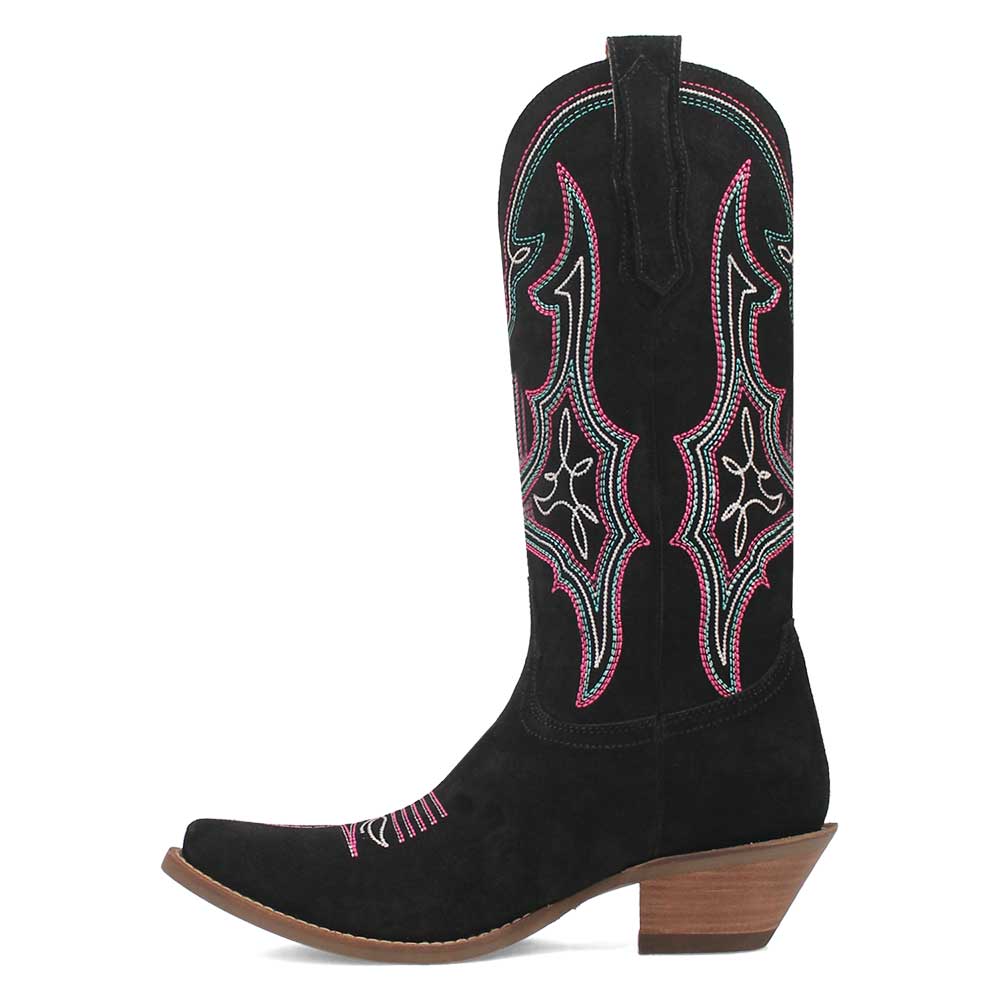 Black Pointed Faux Suede Wide Calf Colorful Embroidered Cowgirl Boots   