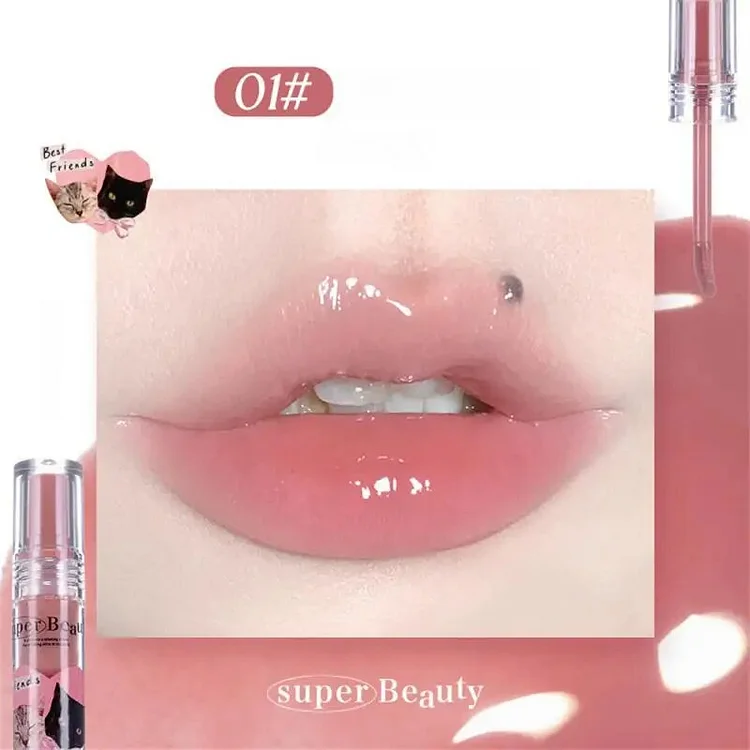 FLORTTE Mirror Water Lip Glaze Lipstick Cute Cat Whitening Lip Plumper Jelly Waterproof Non-stick Lip Gloss Korean Makeup Kit