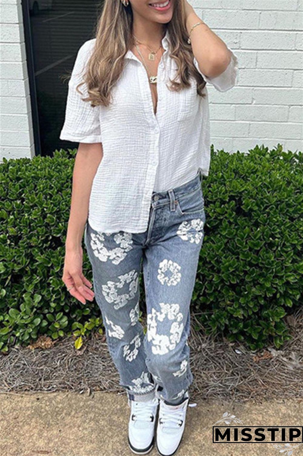 Blue Casual Print Patchwork High Waist Regular Denim Jeans