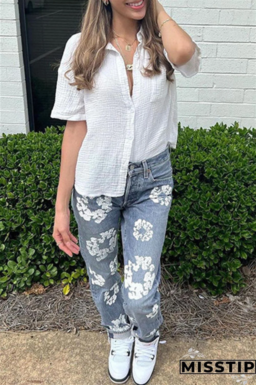 Blue Casual Print Patchwork High Waist Regular Denim Jeans