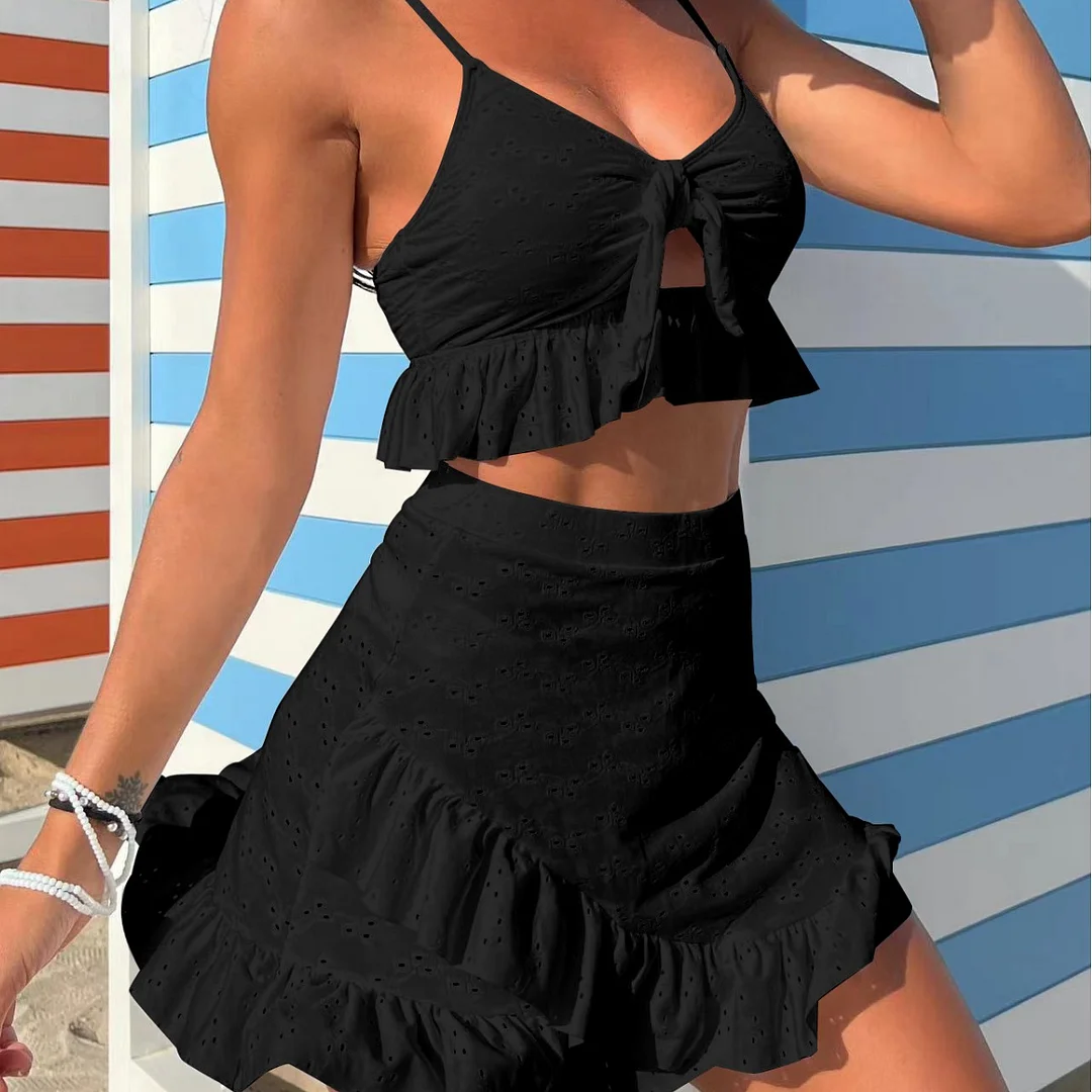 Churchf 2023 New Solid Color Floral Special Fabric Three-Piece Swimsuit Swimsuit Bikini