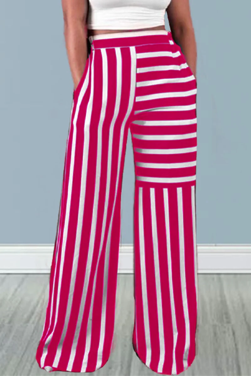 Red Casual Striped Print Patchwork Straight High Waist Straight Full Print Bottoms | EGEMISS