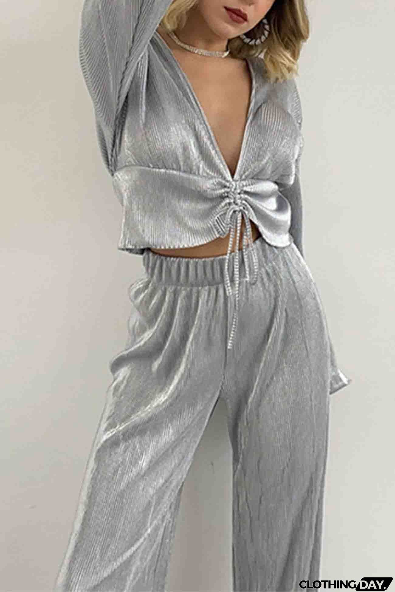 V Neck Shirring Puff Sleeve Wide Leg Pants Set