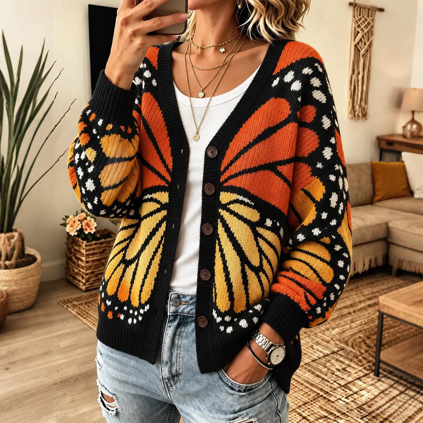 Comstylish Women's Vintage Fall Butterfly Graphic Art Art Print Knit Cardigan