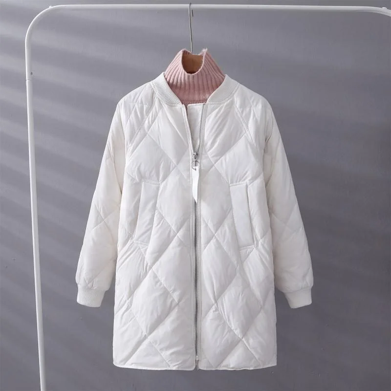 FTLZZ Winter Women White Duck Down Parka Ultra Light Loose Zipper Baseball Uniform Down Jacket Female Casual Long Down Outwear