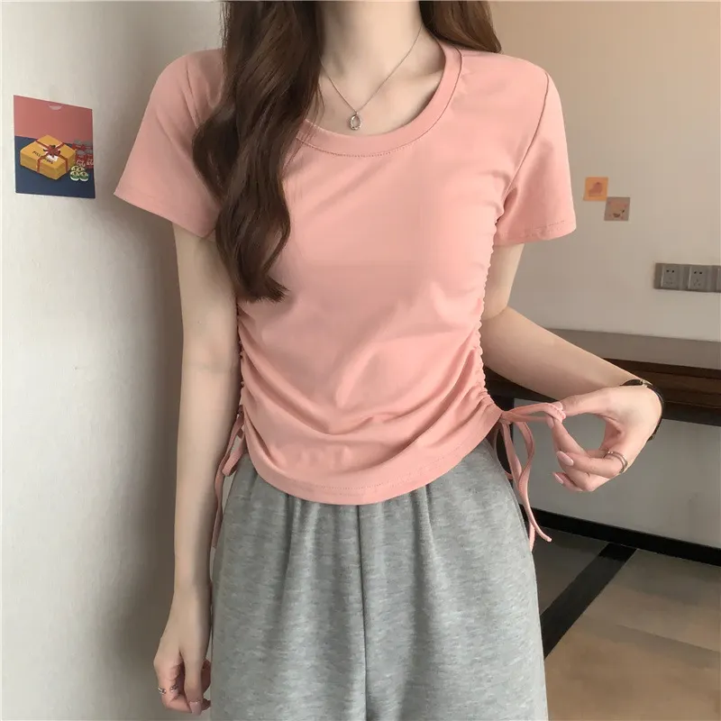 Uveng Uveng Rope Short-Sleeved T-Shirt Women 2024 New Summer Korean Version Design Sense Slim Casual Short Student Jacket Tide