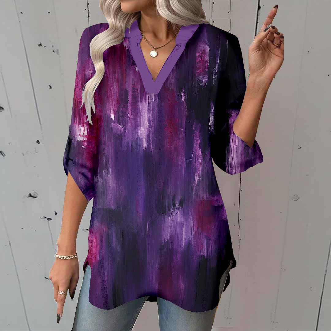 Women Painting,Purple DZGA0017 3/4 Sleeve V-neck Printed Graphic Button Tops