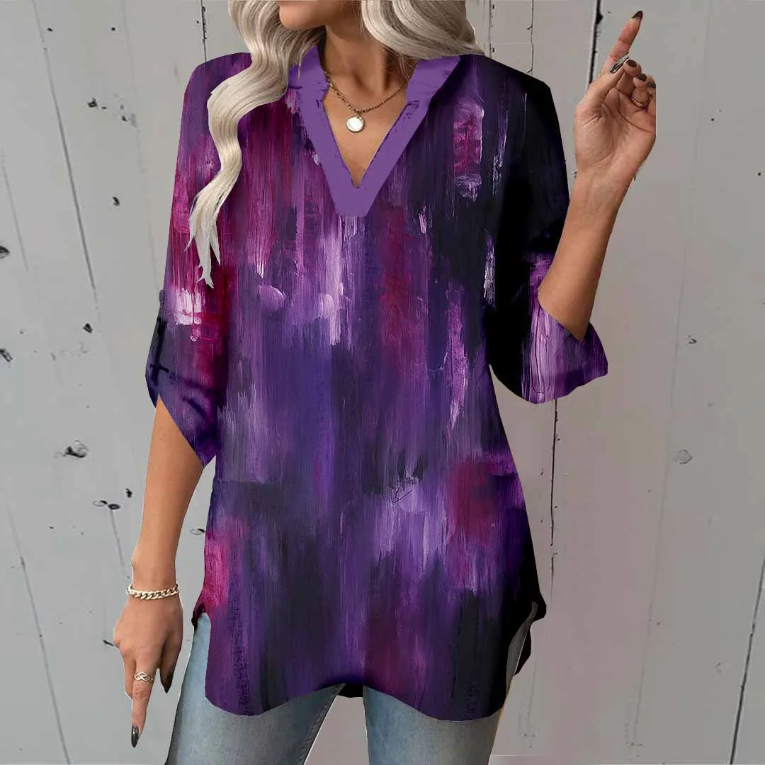 Women Painting,Purple DZGA0017 3/4 Sleeve V-neck Printed Graphic Button Tops