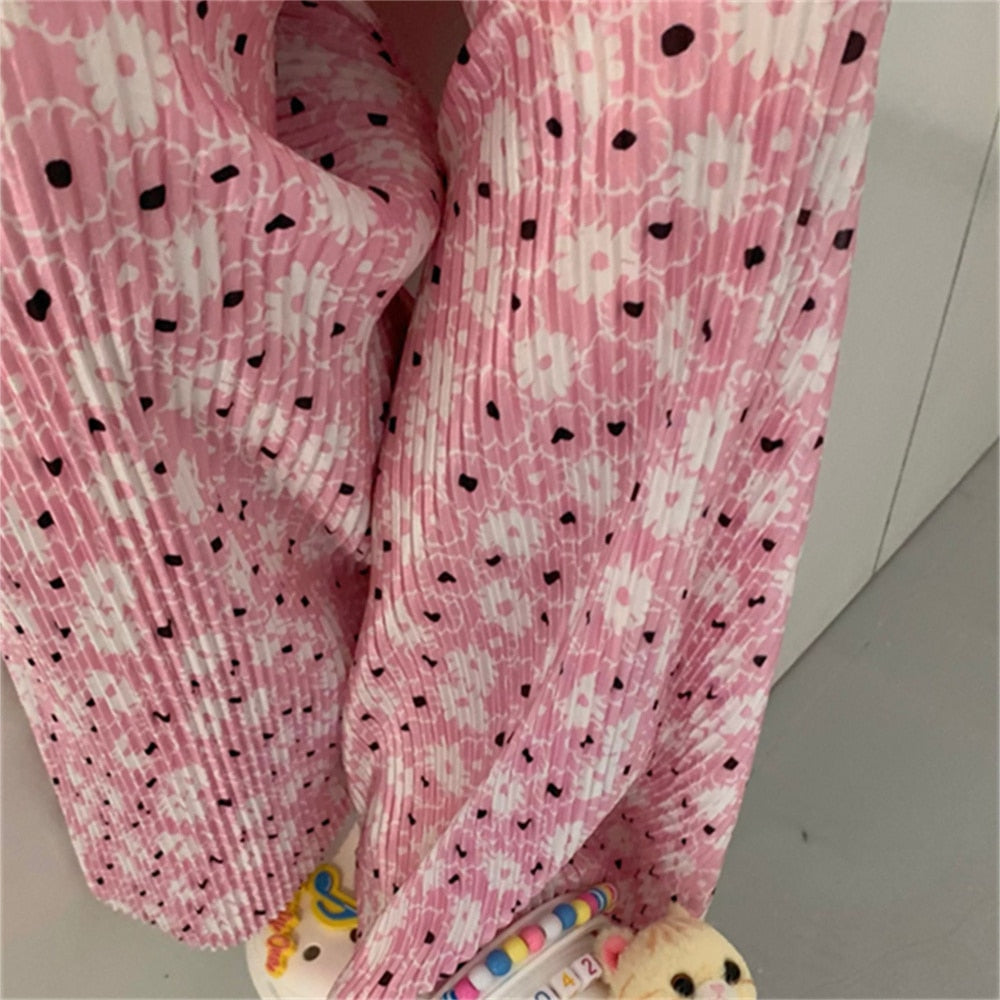 Llyge Pink Florals High Quality Pants Hot Women Summer Printed Loose Chic All Match Casual Streetwear Office Lady Work Wear llyge