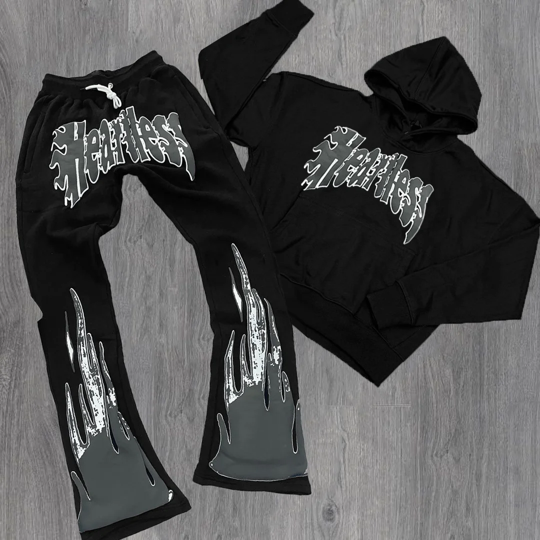Heartless Print Hip Hop Hoodie & Flared Trousers Two Piece Set