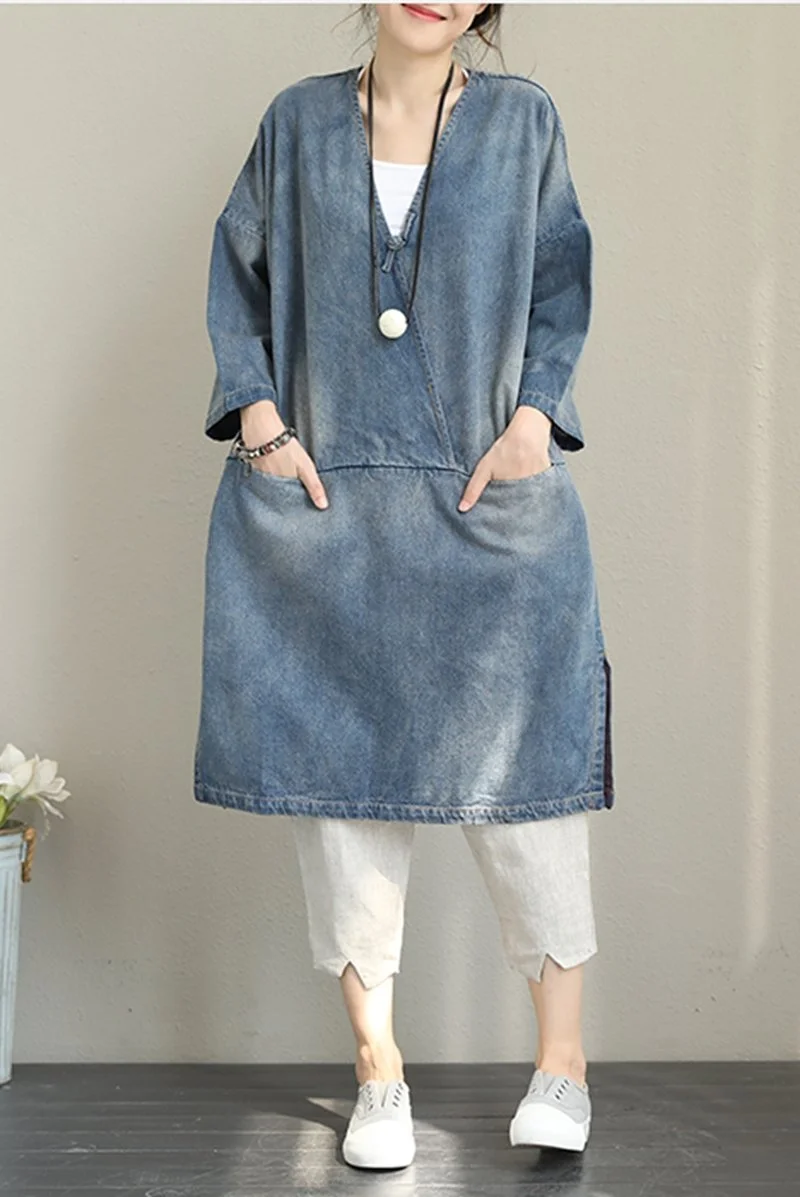 Vintage Loose Blue Denim Dresses Women Cotton Fall Outfits Q1388