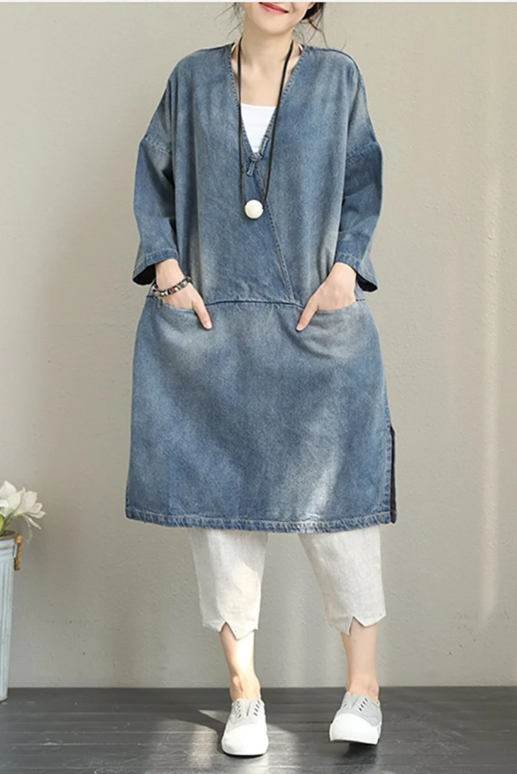 Vintage Loose Blue Denim Dresses Women Cotton Fall Outfits