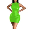 High Street Stretch Solid Color PU Mini Dress for Womens Sexy Sleeveless Short Club Dress Bodycon Matte Faux Leather Party Dress