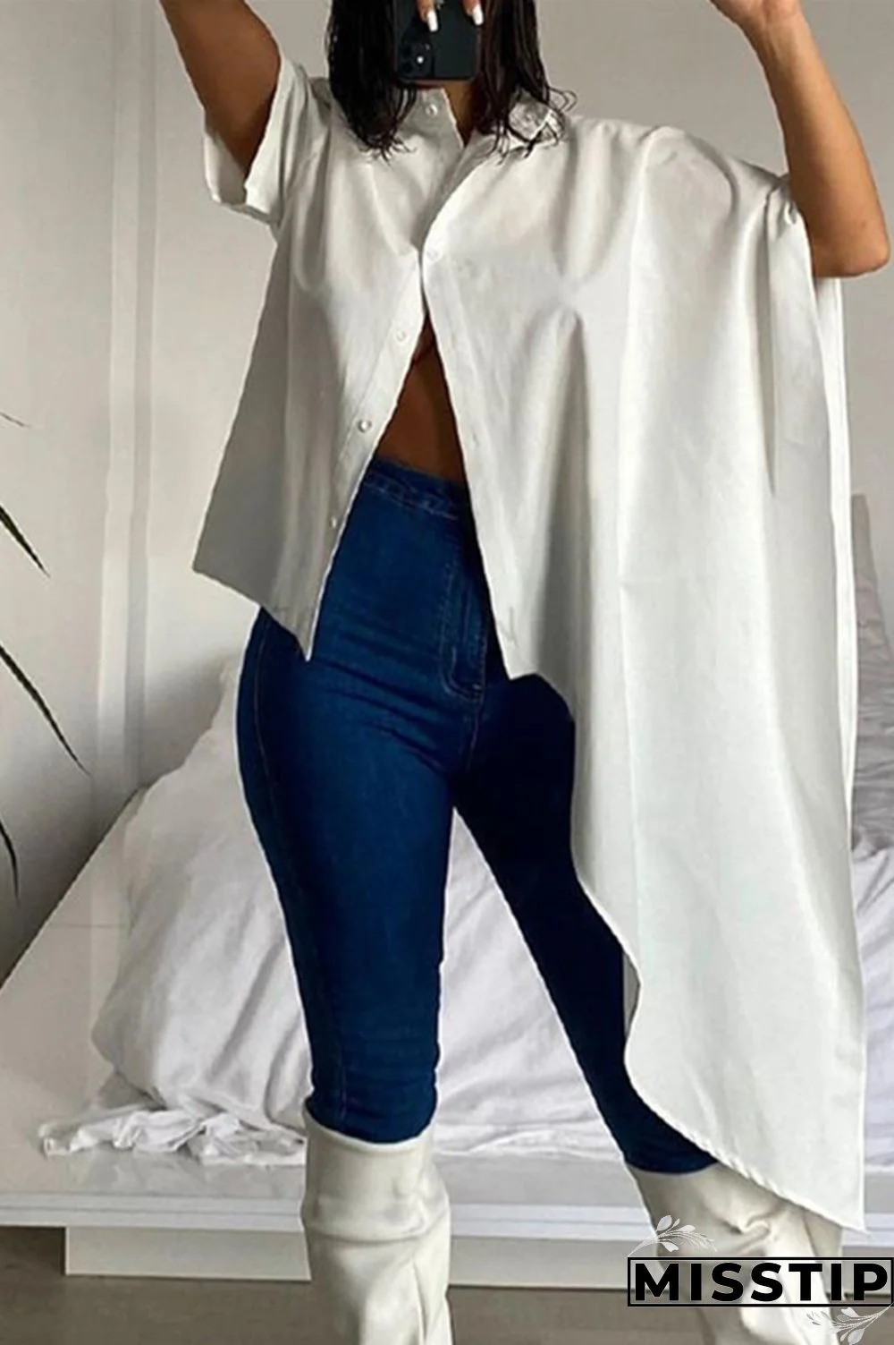 White Fashion Casual Solid Asymmetrical Turndown Collar Tops