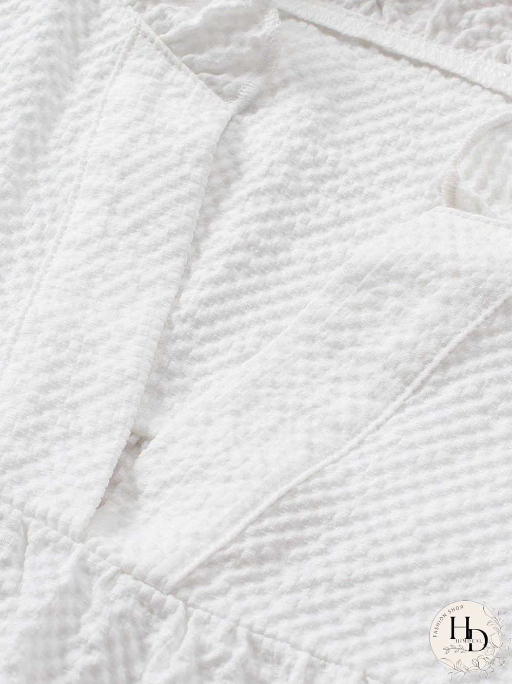 White Waffle Knit Flutter Sleeve Blouse with Notch Neck Detail