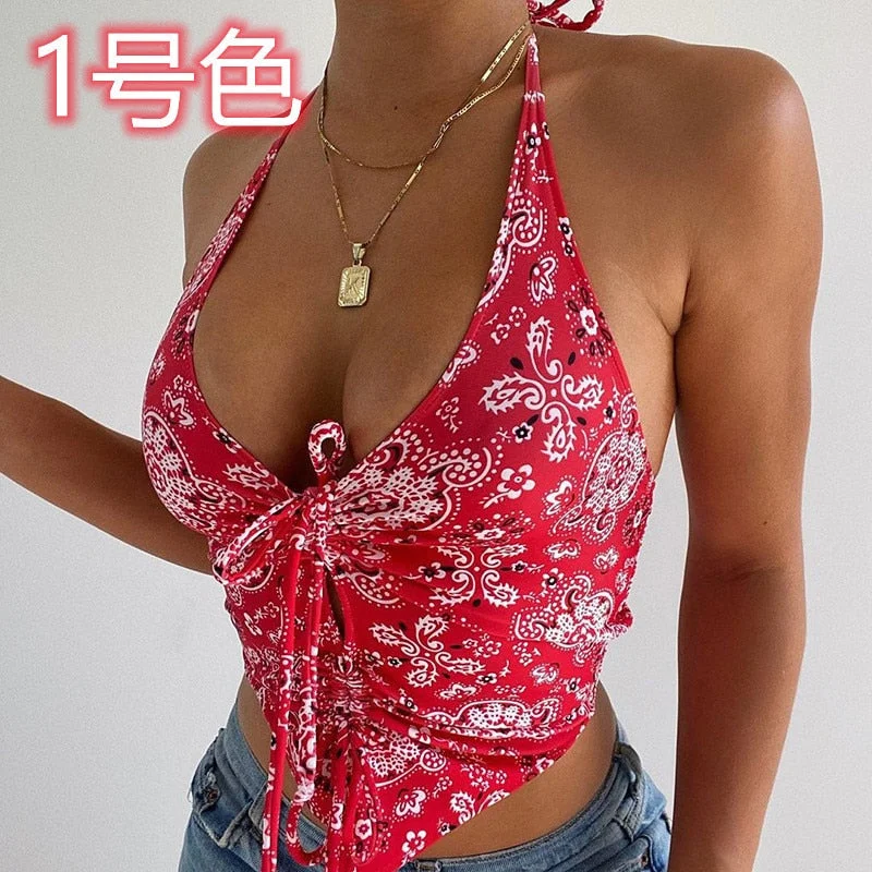 2021 Women V Neck Pink Y2k Crop Top Summer Halter Backless Off Shoulder Bandage Ruched Print Red Sexy Tank Tops Vintage
