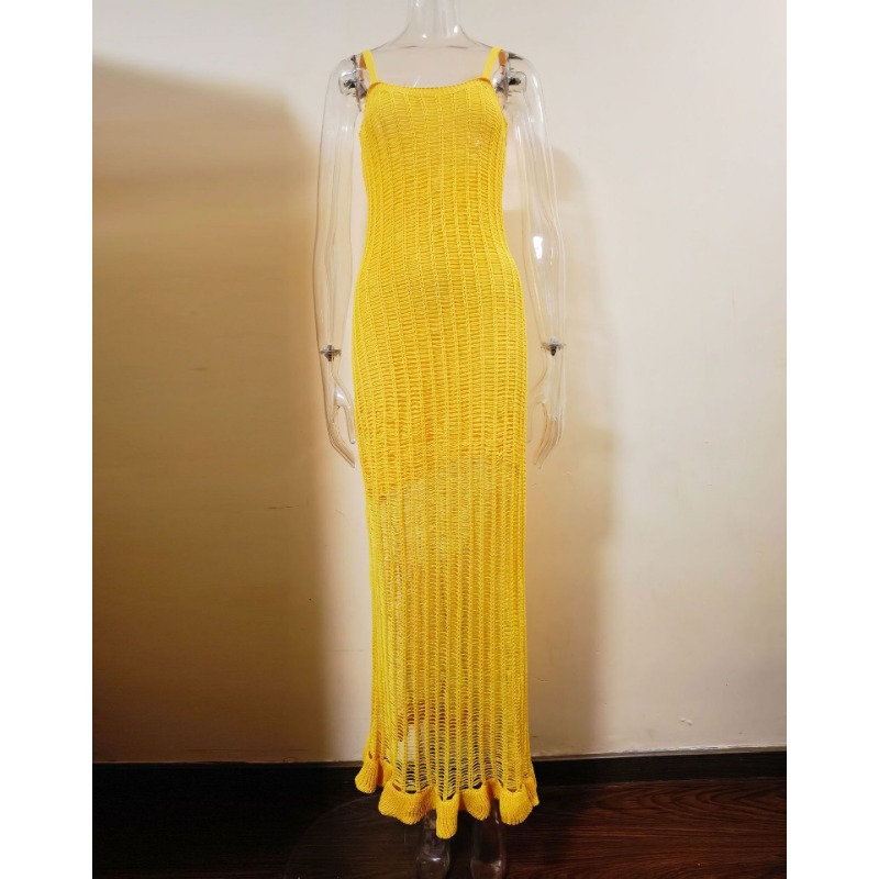Ootddress Ruffled See-Through Backless Halter Dress Female Sleeveless Hollow Out High Waist Elegant Gown Spaghetti Women Maxi Dress