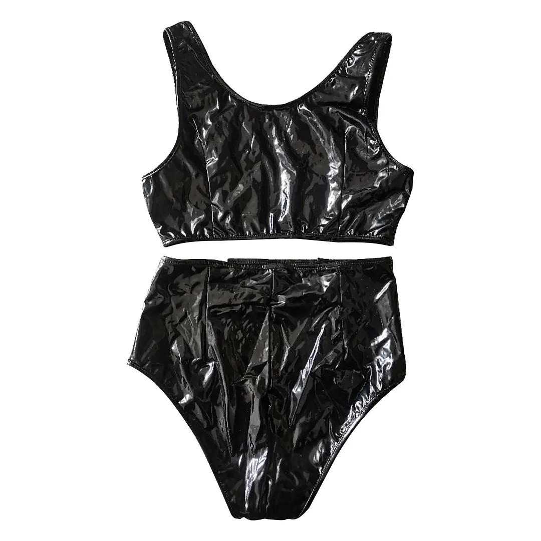 Churchf Sex Lingerie Sexy Women's Black Split Patent Leather String With Two Sets Of Underwear