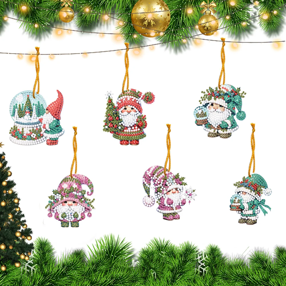 6pcs Xmas Gnome 2D Flat DIY Diamond Painting Art Pendant Wall Door Decoration