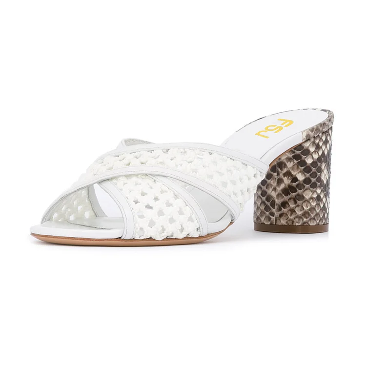 White Block Heel Sandals Python Knit Open Toe Mules |FSJ Shoes