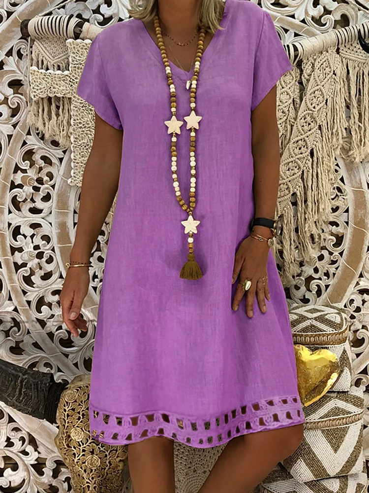 A-Hollow Cotton-Blend A-Line Casual Short Sleeve Dresses