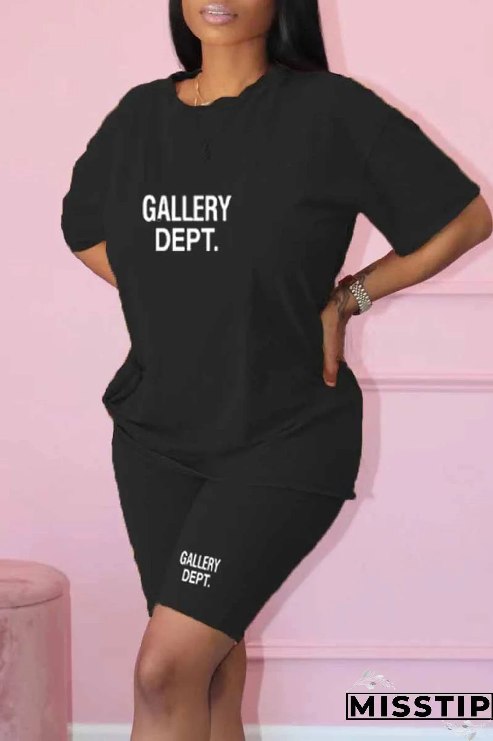 Black Casual Print Letter O Neck Short Sleeve Two Pieces