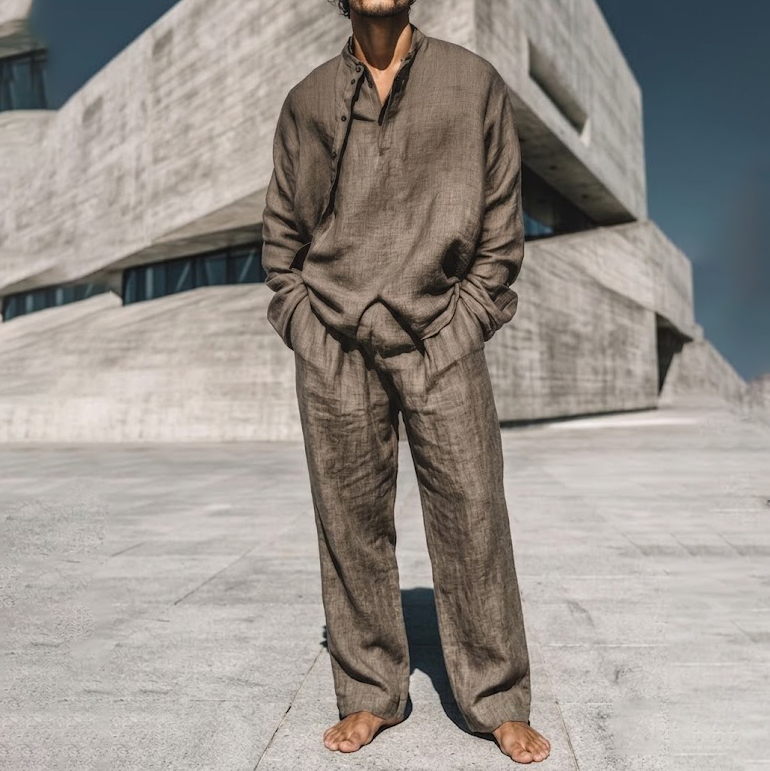 Comstylish Natural Style Irregular Collar Design Cotton Shirt And Pants Set