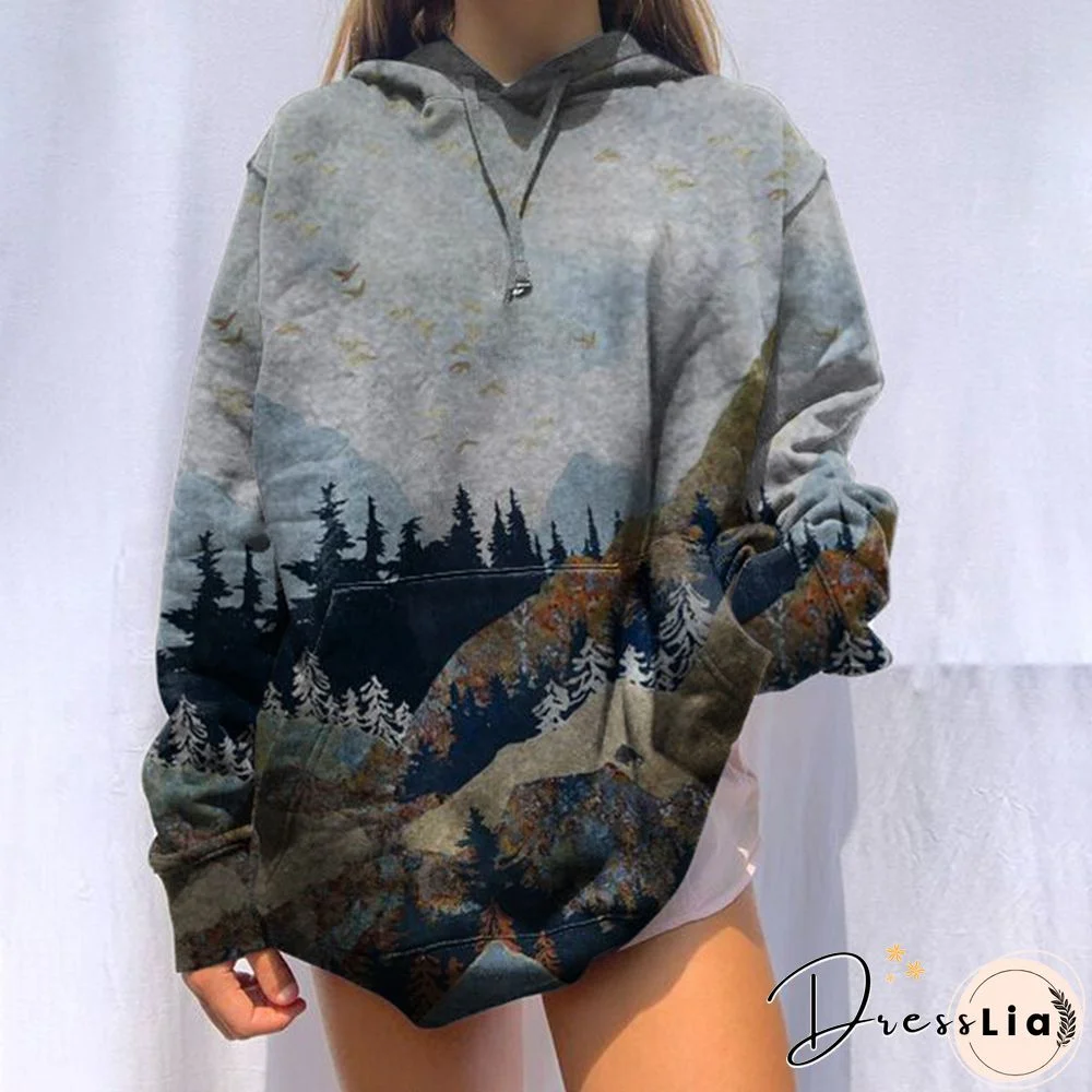 Ladies Mountain Treetop Print Hooded Sweatshirt