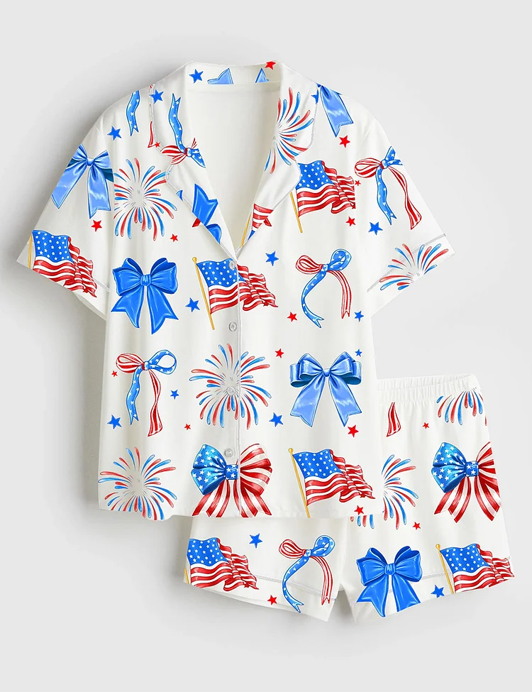 Women&rsquo;s 4th Of July Coquette Bow USA Flag Red And White Blue Coquette Short Sleeve Satin Pajama Set