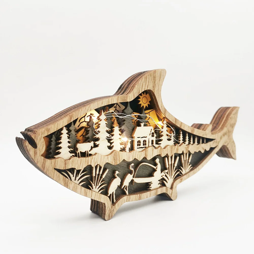 Purexcellent&trade; New creative marine desktop wooden wood carved fish crafts ornament