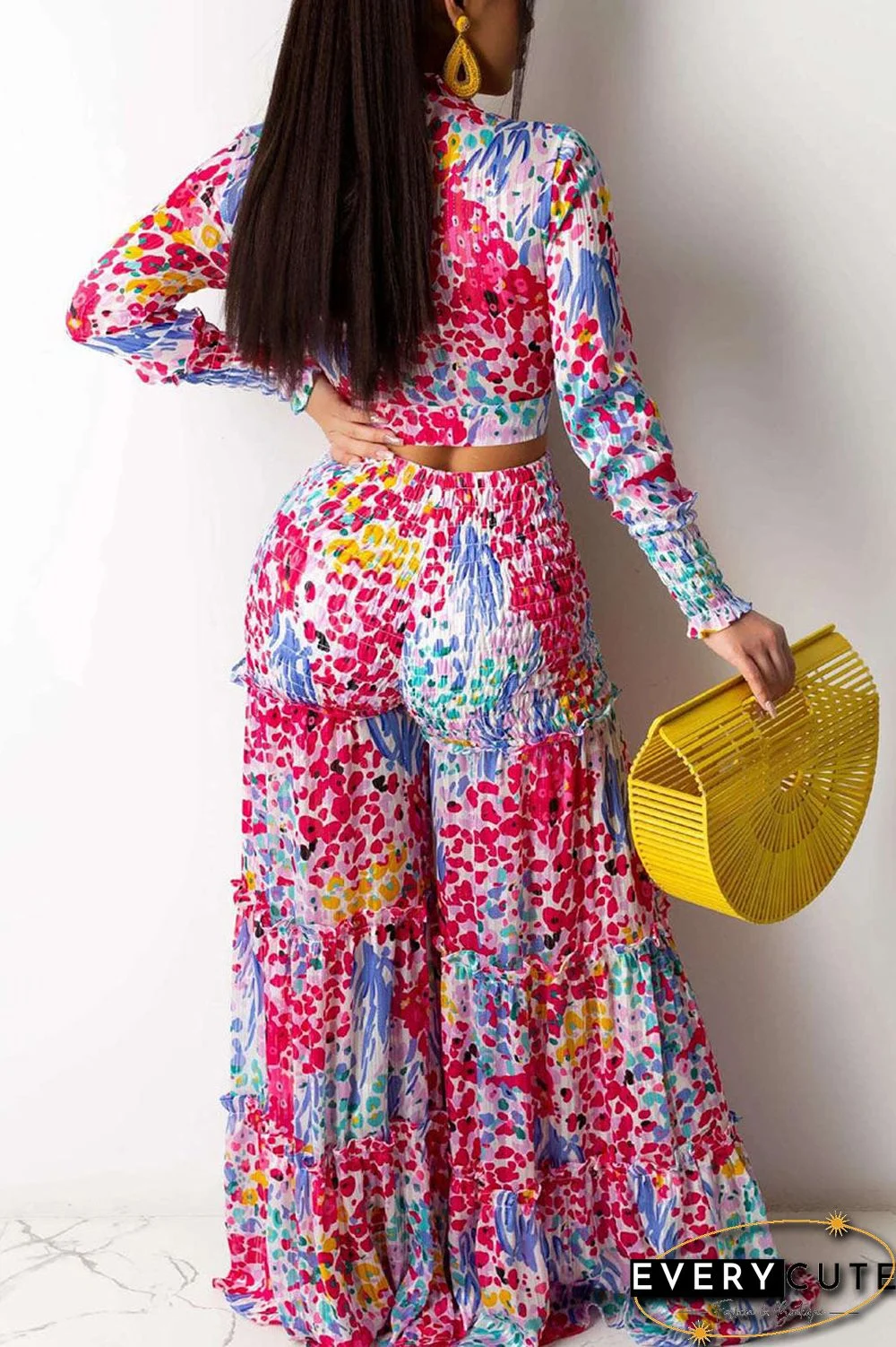 British Style Print Bandage Split Joint V Neck Long Sleeve Two Pieces