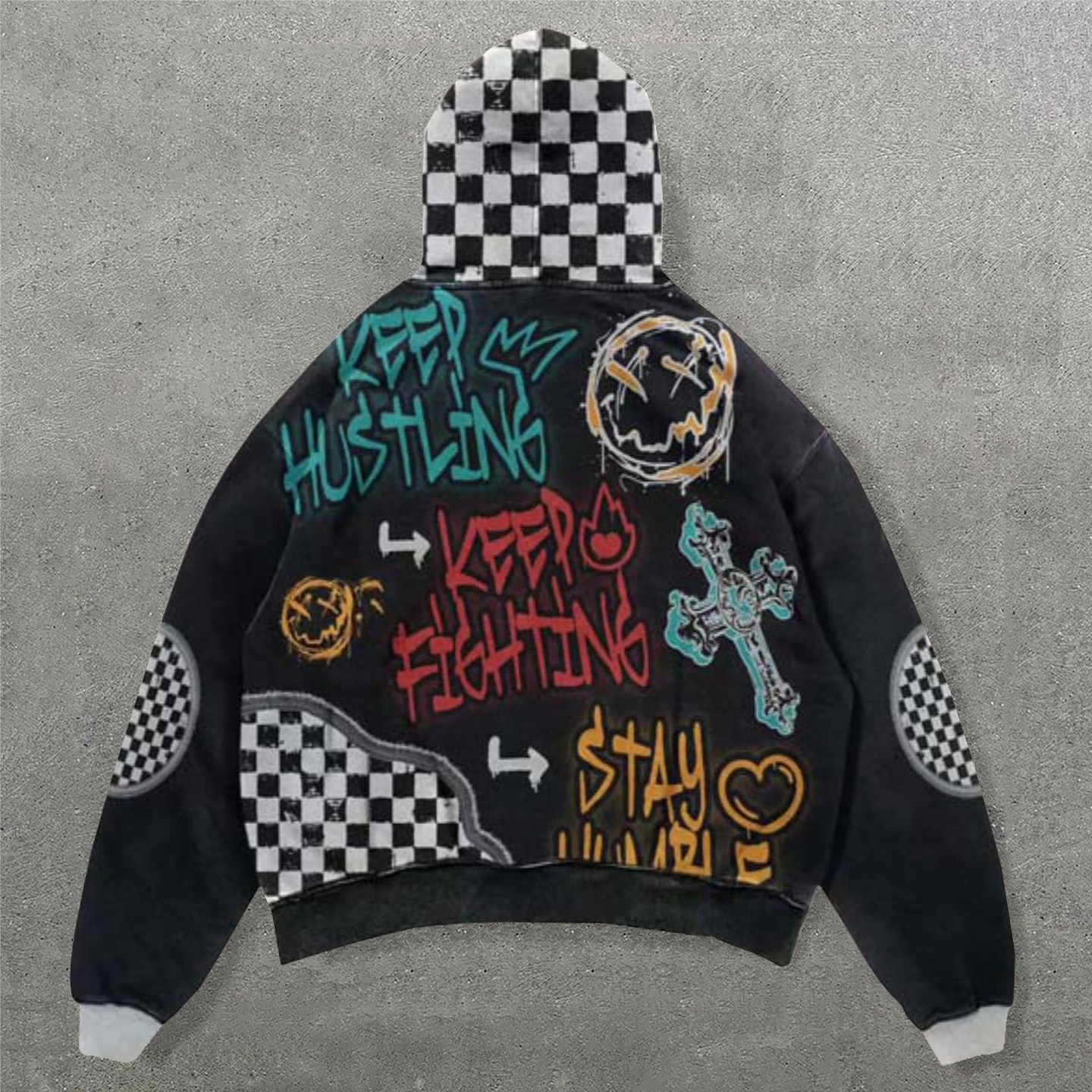 Keep Fighting Faux Decal Print Long Sleeve Hoodies