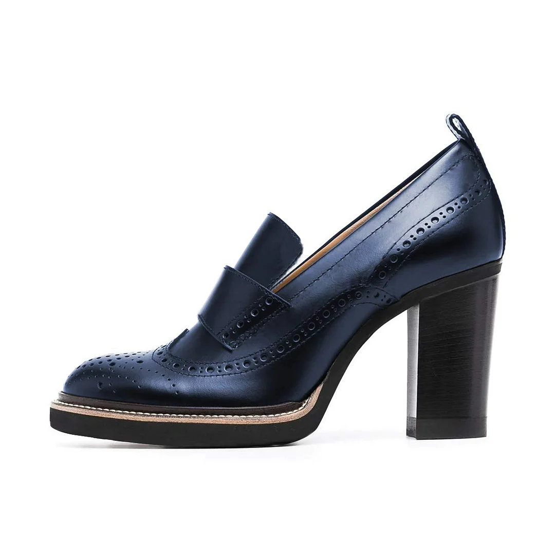 Vegan Leather Round Toe Cut-Out Platform Block Heel Loafers in Blue